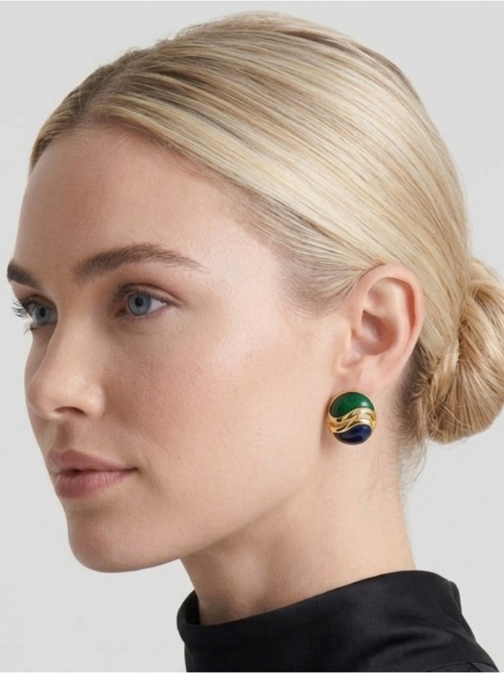 Vintage Enamel Chic Gold and Green Swirl Earrings